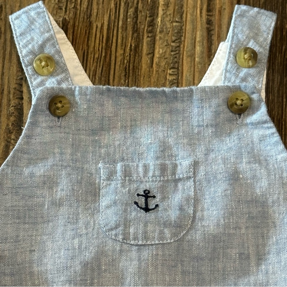 Janie and Jack blue chambray Anchor short overalls linen blend baby boy 3-6 mo - Picture 2 of 8